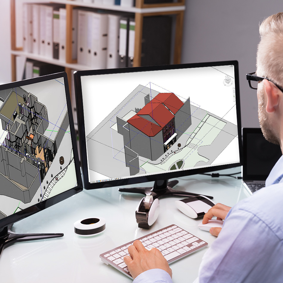 BIM Modeleur devant écran et Maquette numérique 3D