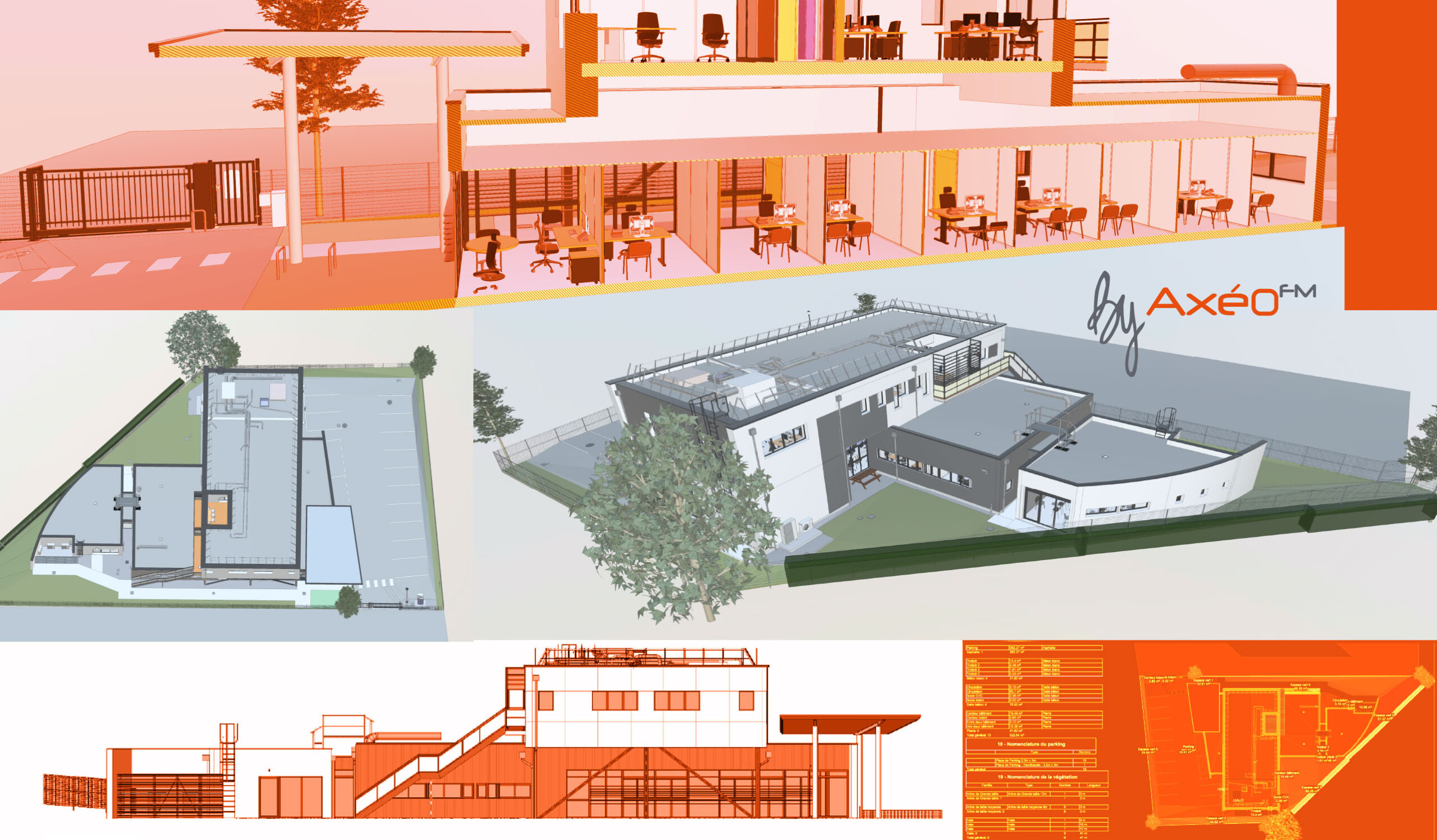 Maquette numérique 3D d’un bâtiment intégrant des plans 2D et des coupes techniques pour la modélisation BIM dans le cadre de la transition énergétique.