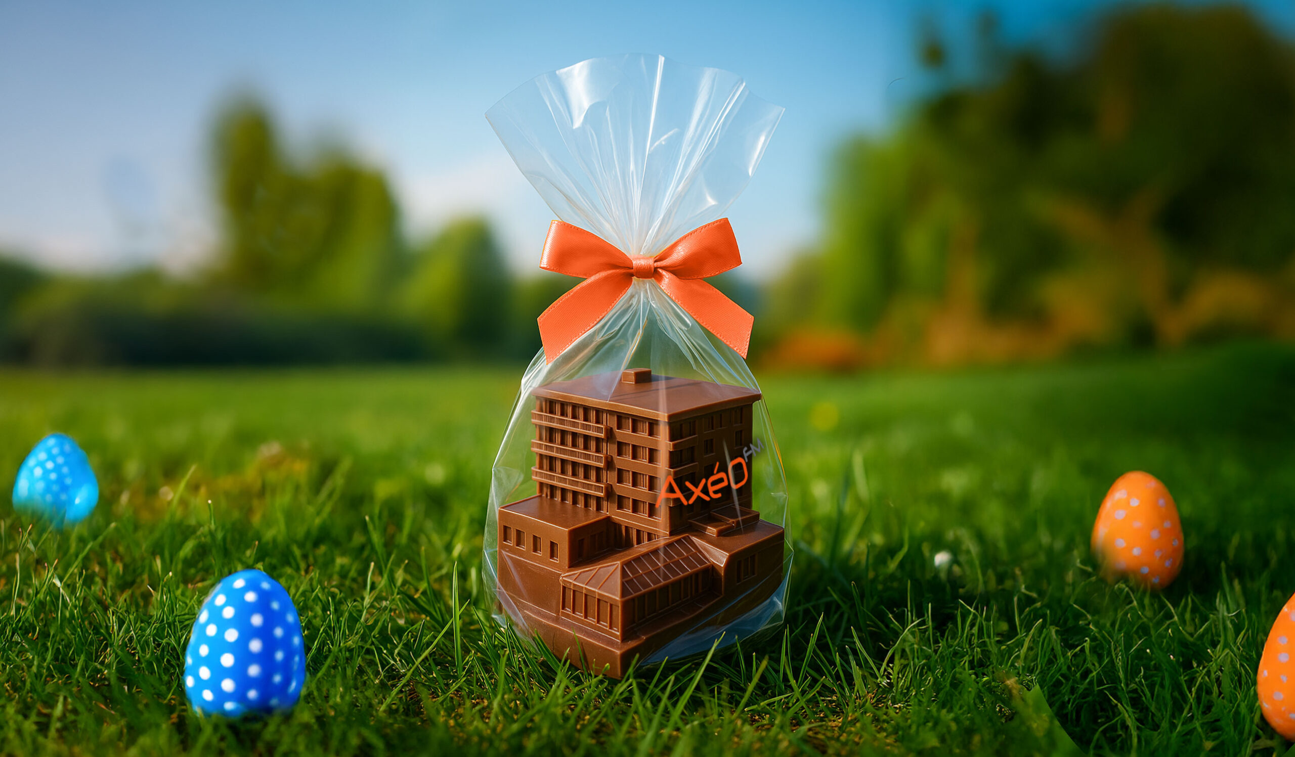 Maquette 3D de bâtiment en chocolat emballée pour Pâques by Axéo FM