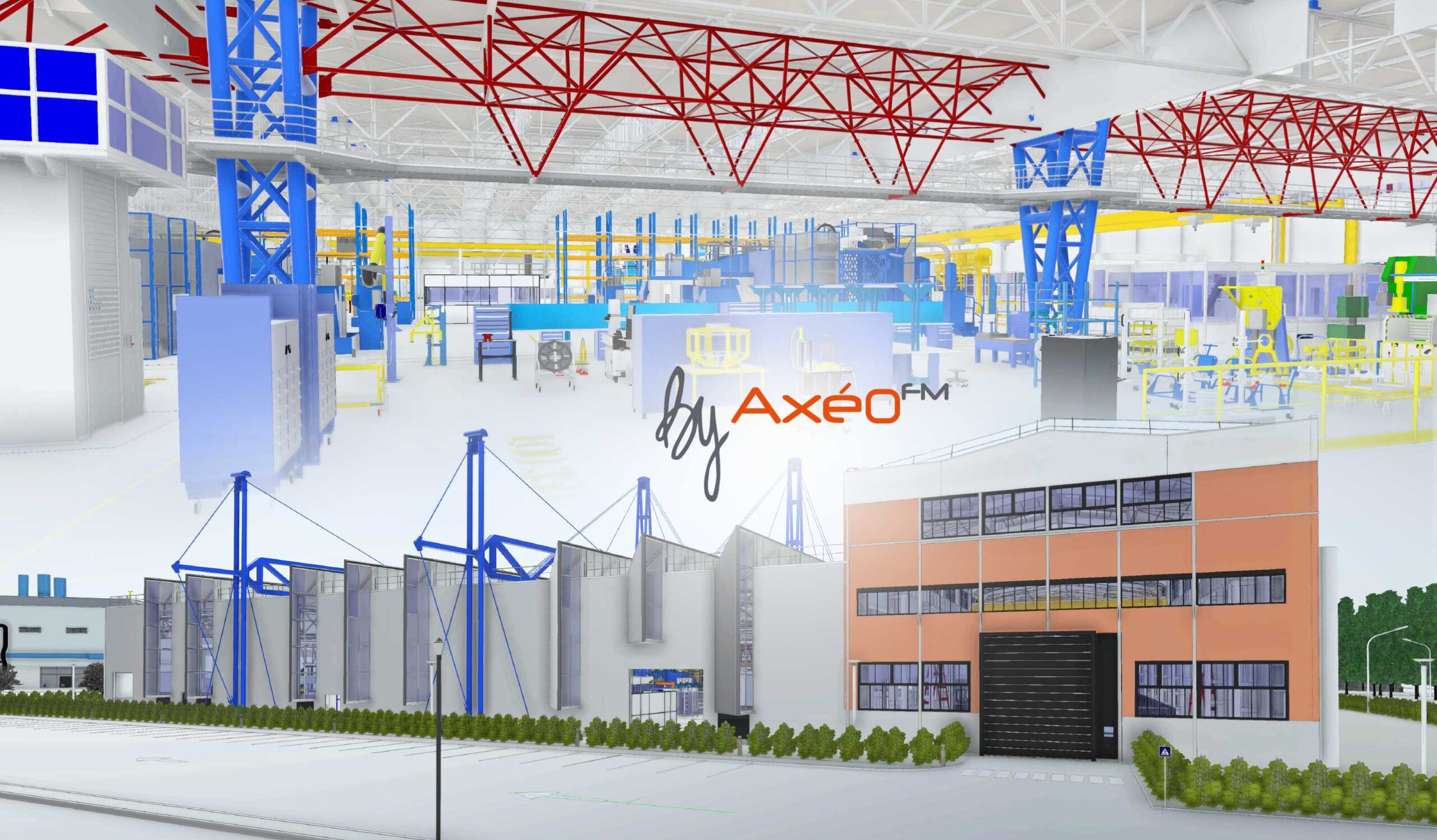 Maquette numérique 3D d’un site industriel modélisée par Axéo FM, intégrant les réseaux techniques, les machines et les zones de stockage.